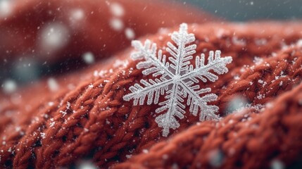 Close-up of a snowflake resting on red knitted fabric in winter