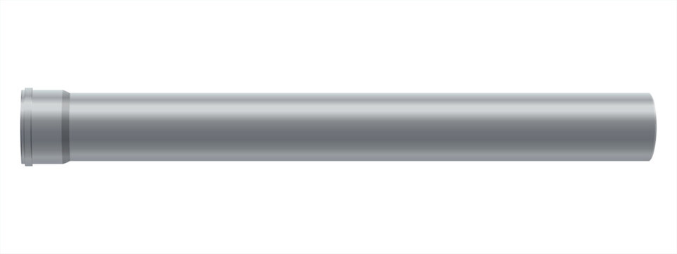 Plastic gray straight pipe in realistic style. PCV pipe for sewerage, water supply systems, construction. Vector illustration isolated on white background.