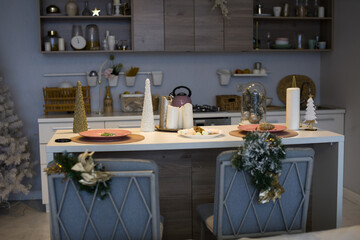 New Year's kitchen, cozy setting of a festive romantic dinner