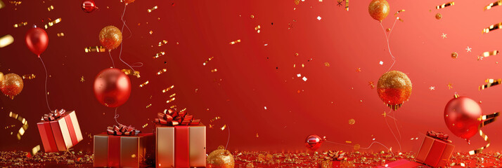 Red glowing backdrop with scattered particles and a warm gradient, offering a festive and elegant feel.