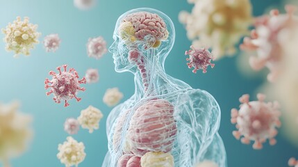 Obraz premium Transparent skeletal system showing brain and lung anatomy with virus particle in a conceptual and colorful digital art style