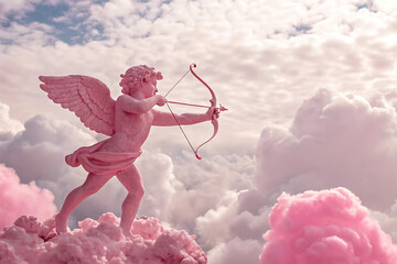 Pink cupid with wings and bow shooting arrow surrounded by pink clouds representing love and fantasy
