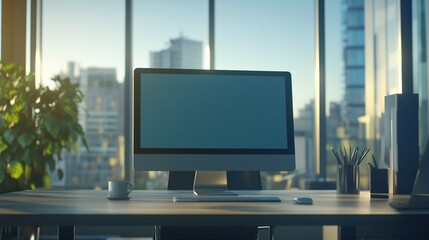 Fototapeta premium Modern Computer Setup In A City Office With A View