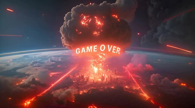 Game Over Text Floats Over Planet Earth as Nuclear Bombs Drop and Mushroom Clouds Rise Over an Exploding City. Science Fiction, Post-Apocalyptic, Fiery, End of the World Scene.
