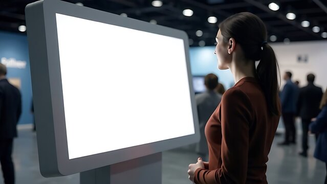 Mockup: Woman looking at blank white interactive touch screen at technology exhibition, museum