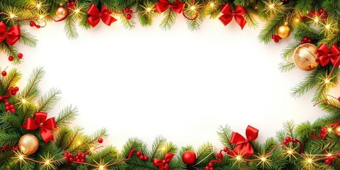 Seamless decorative Christmas border with coniferous branches, garlands, lights, ornament, border