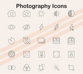 Icons representing photography elements  including cameras  lenses  and photo equipment  perfect for photography and media projects.