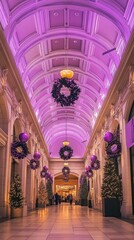 Elegant Shopping Mall Decorated for Christmas with Purple Wreaths and Lights, Festive Ambiance