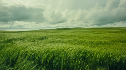 Obraz premium Lush green wheat field under cloudy sky in serene landscape