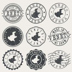 Veneto, Italy Set of Stamps. Country Travel Marks. Made In Product. Design Seals Old Style Insignia.