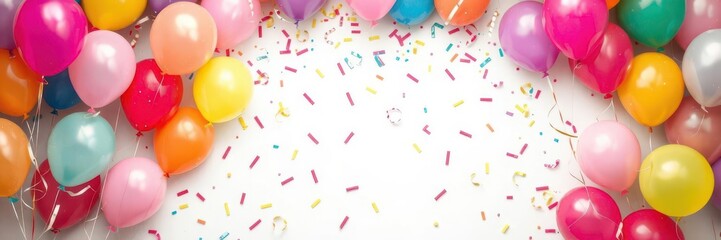 Bright and vibrant background filled with balloons, streamers, confetti, and party decorations, event