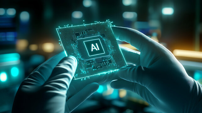 AI computer chip, scientist holding computer chip, artificial intelligence technology
