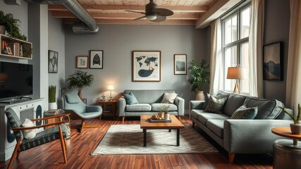 Vintage style grey living room interior featuring a trendy sofa, retro decor, cozy atmosphere, wooden flooring, unique furniture, soft lighting, Vintage, living room