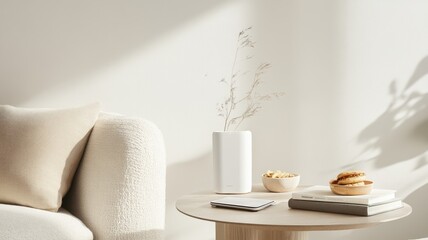 Fototapeta premium Cozy minimalist living room with Hostingcores router setup in a guest area,