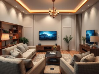 Wooden living room interior with stylish TV set and comfortable sofa, vintage, minimalistic