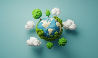 Colorful and Whimsical 3D Model of a Planet Surrounded by Trees and Clouds, Perfect for Environmental Themes and Nature Concepts Illustration