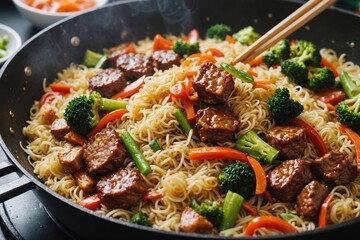 Asian fast food rice clear noodles cooking with fried meat and spicy vegetables by cook chef hands in wok pan. Close up food recipe concept.