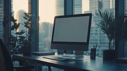 Fototapeta premium Modern Desk Setup With Blank Computer Screen
