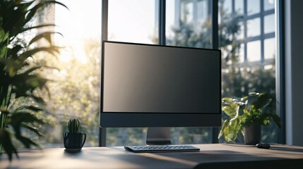 Fototapeta premium Modern Desktop Computer Workspace Near Window With Plants