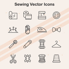 Vector icons representing sewing tools and elements  such as needles  threads  and sewing machines  perfect for craft and fashion design projects.