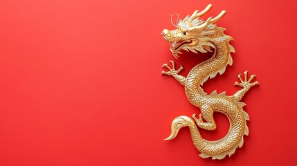Fototapeta premium Golden Dragon Figurine on Red Background, Lunar New Year 2024, Chinese Zodiac Symbol, Copy Space