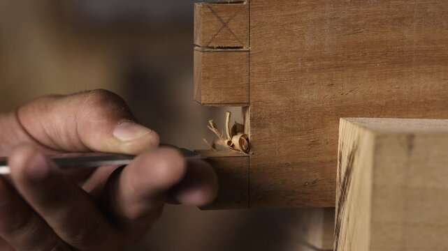 Close-up of a carpenter chiseling a mortise in wood for a multiple mortise and tenon joint. This detailed footage showcases the precision and craftsmanship involved in traditional woodworking