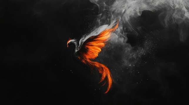 Majestic phoenix rising from smoke and ashes in a fiery rebirth