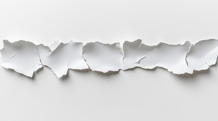 Ripped white paper pieces arranged in line on light background. Abstract design and texture concept