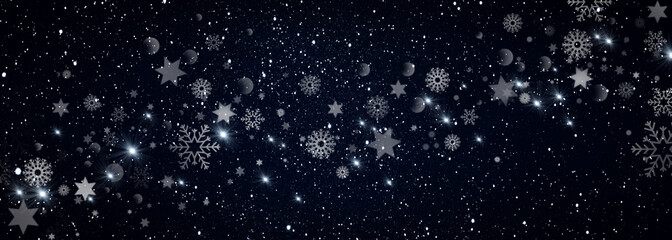 Fototapeta premium Abstract dark blue sky with poinsettias. Shining star constellation in space. Star shapes in the dark space. Horizontal christmas background.