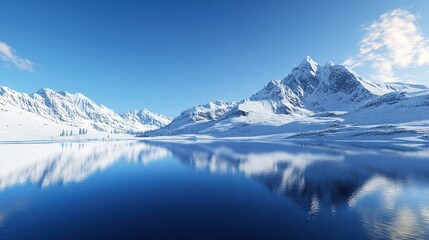 Scenic Snow-Capped Mountains Reflecting on a Tranquil Lake Under a Clear Blue Sky, Perfect for Winter Landscapes, Nature Photography, Travel Inspiration, and Outdoor Adventure Themes