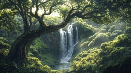 Serene Waterfall Cascading Through Lush Tropical Forest