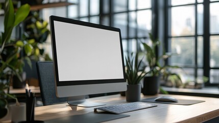 Fototapeta premium Modern desktop computer setup with plants in a bright office