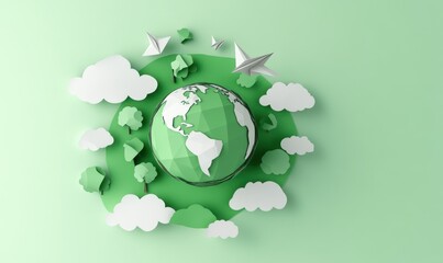 Creative Paper Cut Style Design of a Green Earth Surrounded by Trees, Clouds, and Paper Planes in a Minimalist Aesthetic on Soft Green Background