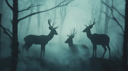 Three deer silhouettes in a misty forest.