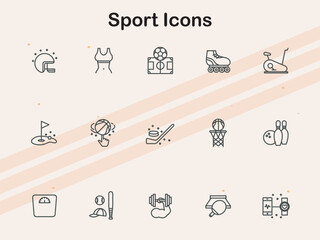 Icons related to sports  including balls  athletes  and game elements  perfect for sports events  fitness  and activity projects.