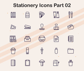 Icons representing various stationery items such as pens  pencils  and paper  ideal for office supply and creative design projects.
