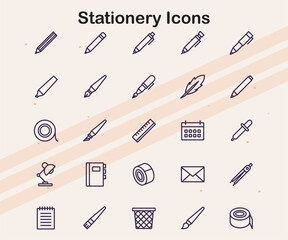 Icons representing office stationery items like notebooks  erasers  and clips  perfect for office  educational  and design projects.