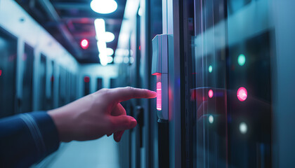 Selective focus to finger scan reader with finger is scaning on it. Electronic control machine with finger scan to access the door of control room or data center. The concept of data security