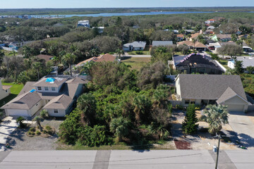 Aerial looking west over New Smyrna Beach, Florida towards the Halifax River. 