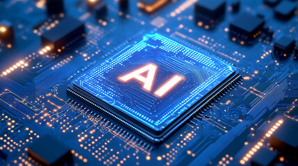 AI computer chip, powerful computer processor microchip with the word representing artificial intelligence, AI technology	