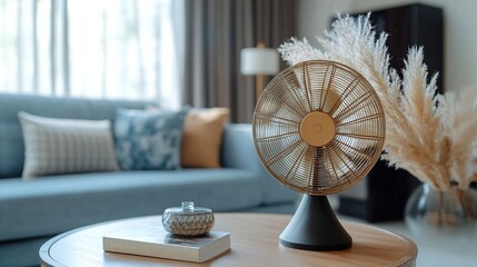 Stylish desk fan on wooden coffee table in modern living room with sofa and pampas grass.