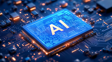 AI computer chip, powerful computer processor microchip with the word representing artificial intelligence, AI technology	