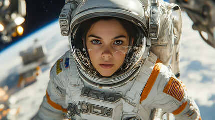 Young caucasian female astronaut in space suit floating in outer space