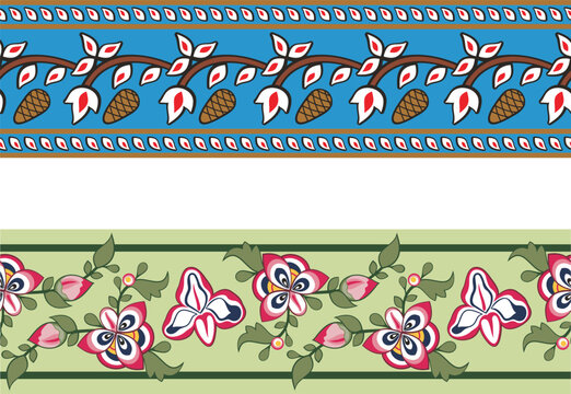 Vector seamless floral ethnic friezes with flowers, leaves, pine cones. Wedding backgrounds, winter holiday decors, page decorations, fabric, damask and scarf patterns. Floral ornaments.