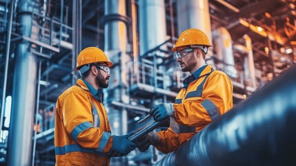 Two male industrial workers in safety gear discussing work.