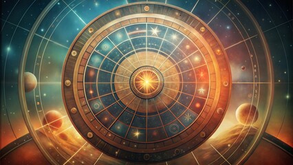 Obraz premium Celestial observatory wheel with cosmic star map and planets
