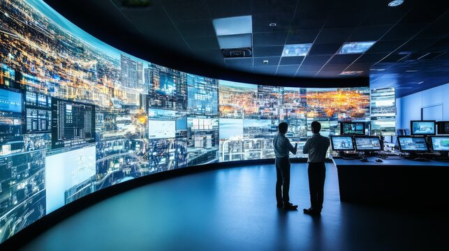Two men discuss data on a large curved screen in a control room.