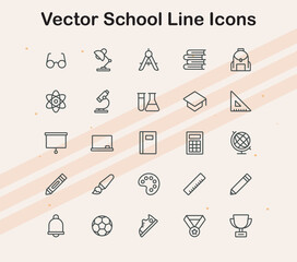 Line art vector icons representing school-related items like books  desks  and teachers  perfect for educational projects.