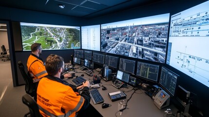Two operators monitoring industrial processes on large screens in a control room.