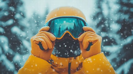 Snowboarder wearing orange jacket and mirrored goggles in snowfall. Winter adventure
